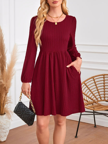 Round Neck Pockets Long Sleeve Textured A-Line Dress