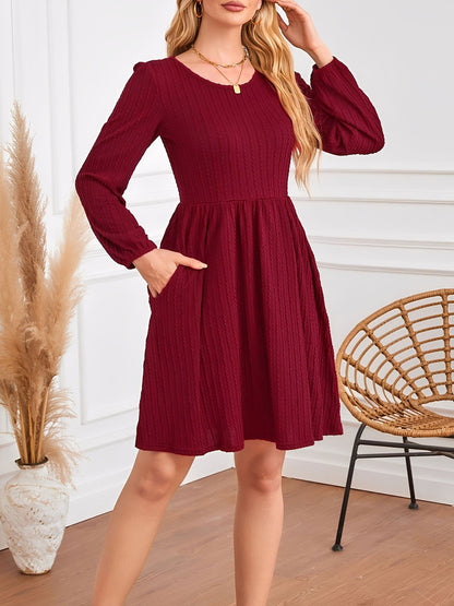 Round Neck Pockets Long Sleeve Textured A-Line Dress