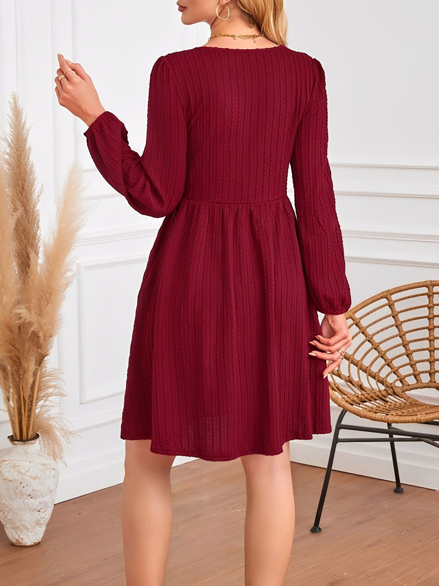 Round Neck Pockets Long Sleeve Textured A-Line Dress