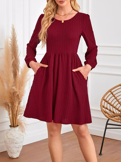 Round Neck Pockets Long Sleeve Textured A-Line Dress
