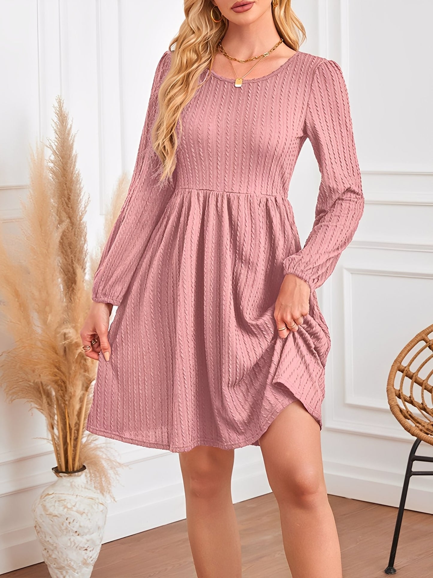 Round Neck Pockets Long Sleeve Textured A-Line Dress