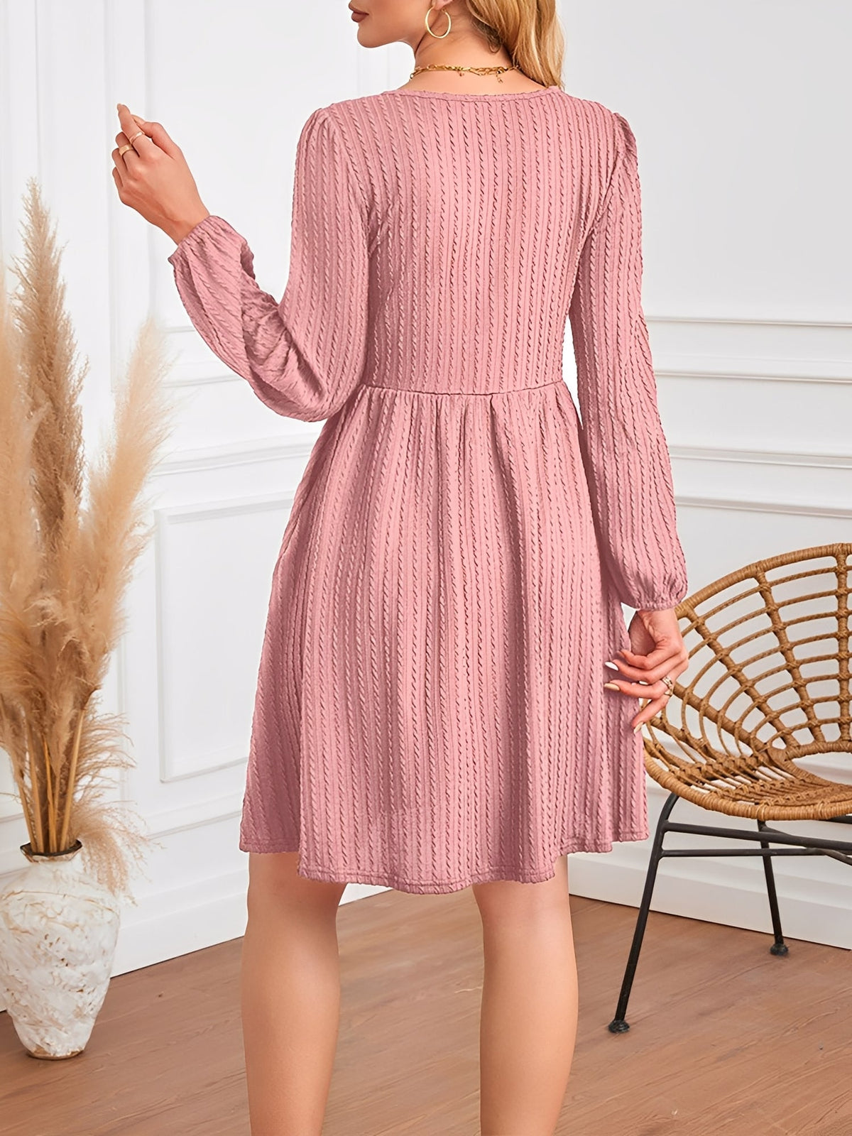 Round Neck Pockets Long Sleeve Textured A-Line Dress