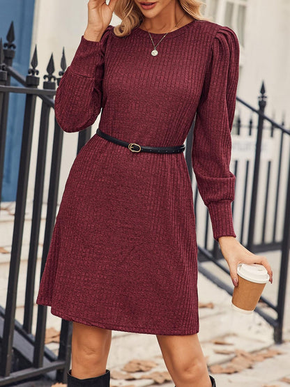 Solid Color Round Neck Puff Sleeve Pockets Midi Dress