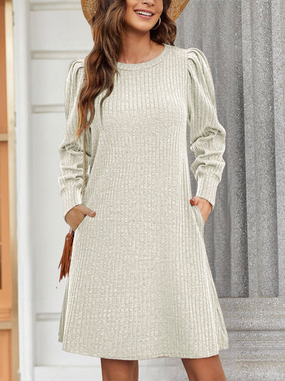 Solid Color Round Neck Puff Sleeve Pockets Midi Dress