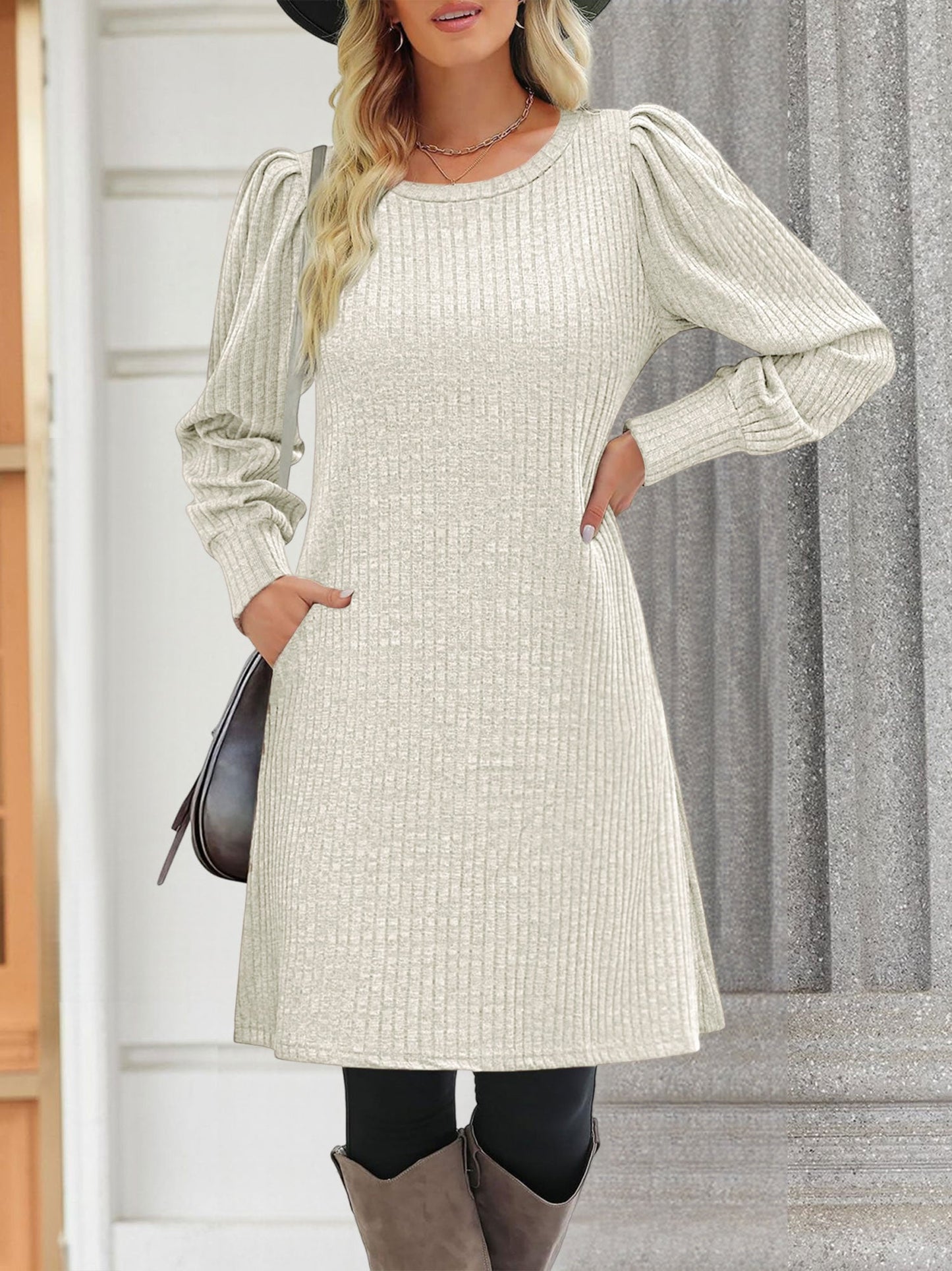 Solid Color Round Neck Puff Sleeve Pockets Midi Dress