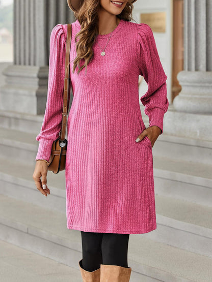 Solid Color Round Neck Puff Sleeve Pockets Midi Dress