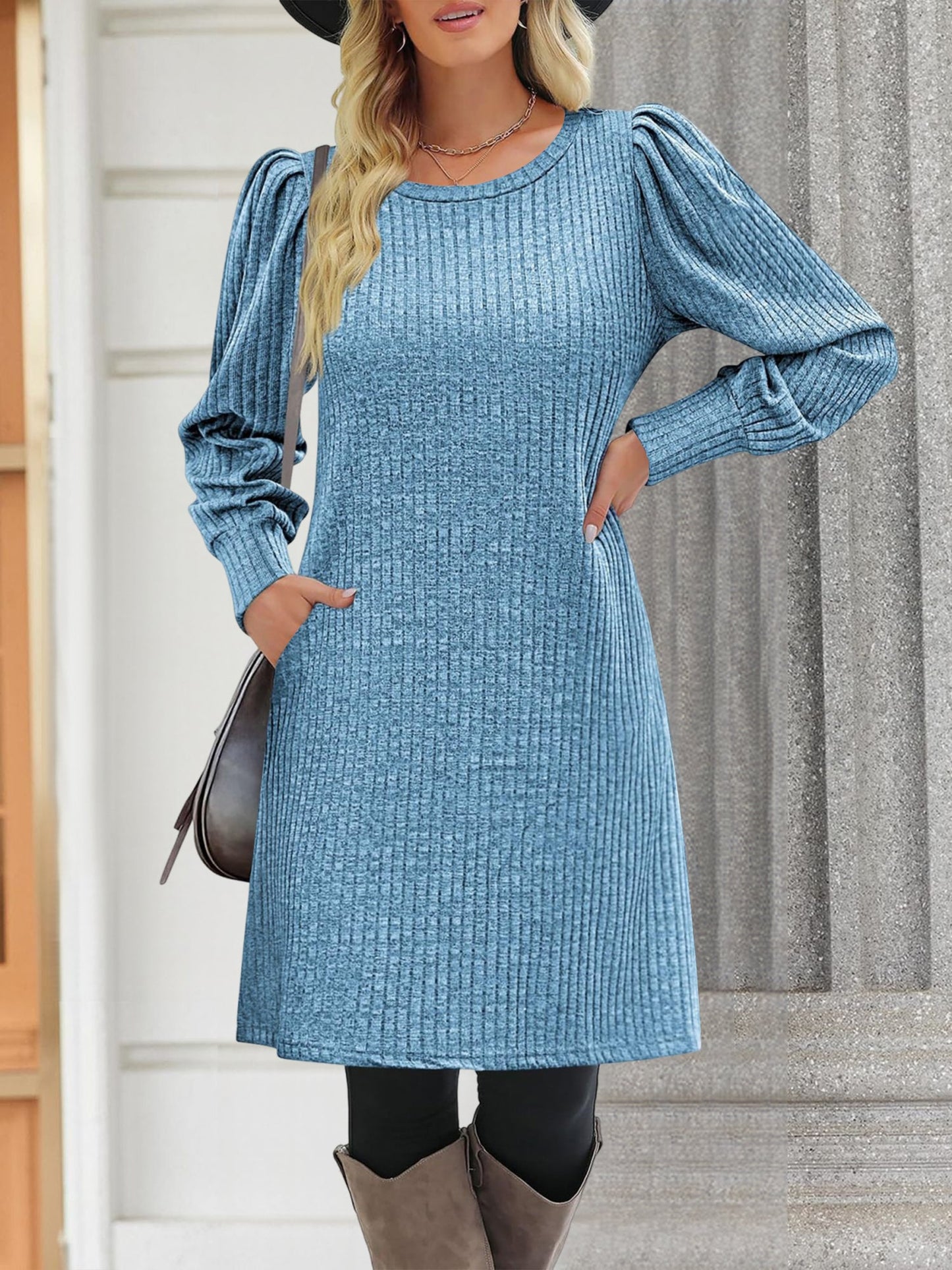 Solid Color Round Neck Puff Sleeve Pockets Midi Dress