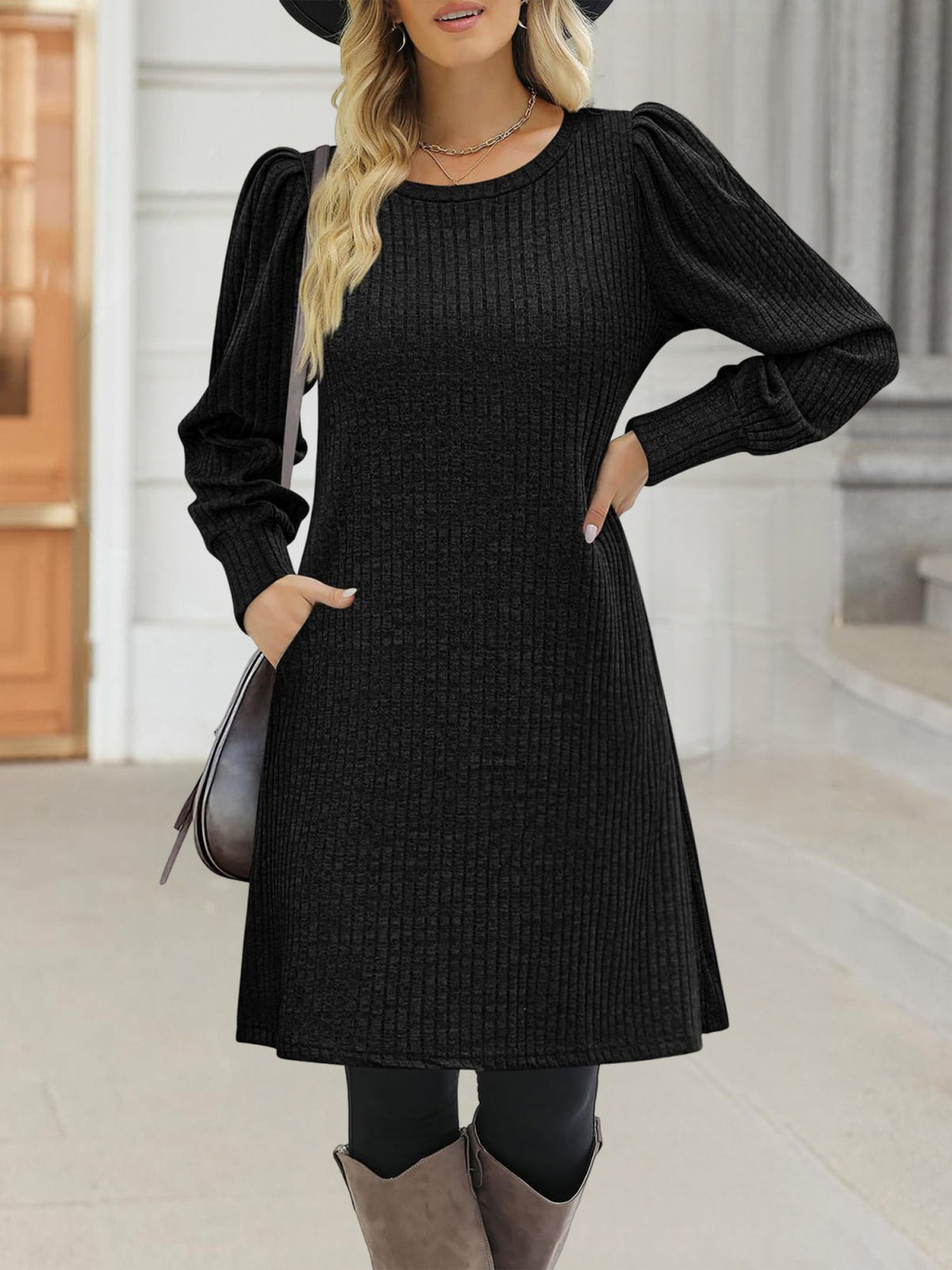Solid Color Round Neck Puff Sleeve Pockets Midi Dress