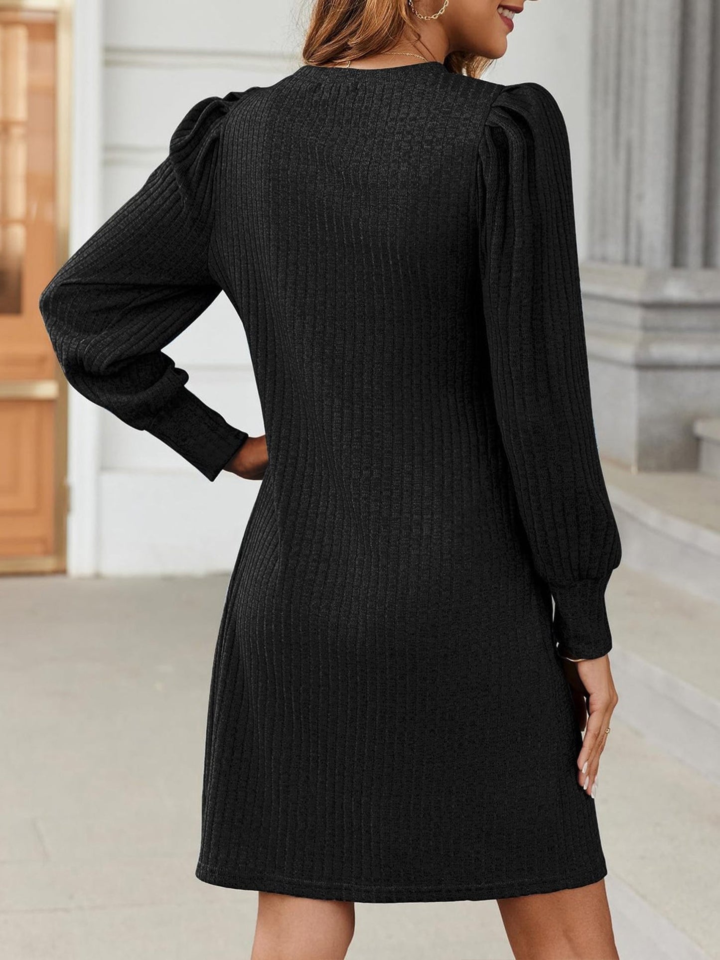 Solid Color Round Neck Puff Sleeve Pockets Midi Dress