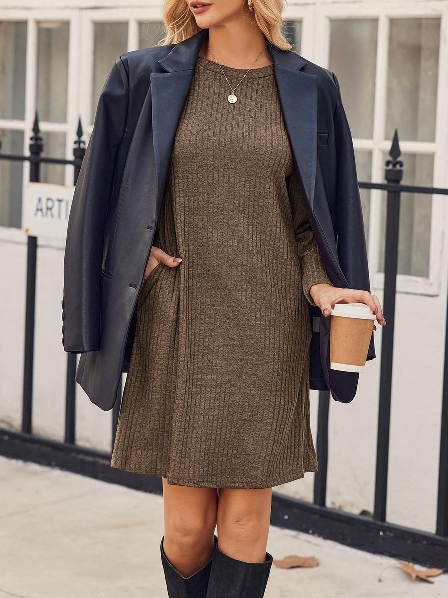 Solid Color Round Neck Puff Sleeve Pockets Midi Dress