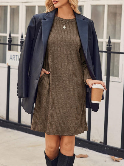 Solid Color Round Neck Puff Sleeve Pockets Midi Dress