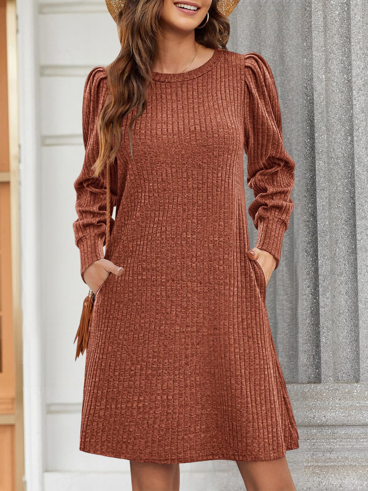 Solid Color Round Neck Puff Sleeve Pockets Midi Dress