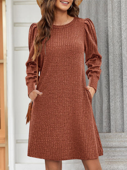Solid Color Round Neck Puff Sleeve Pockets Midi Dress