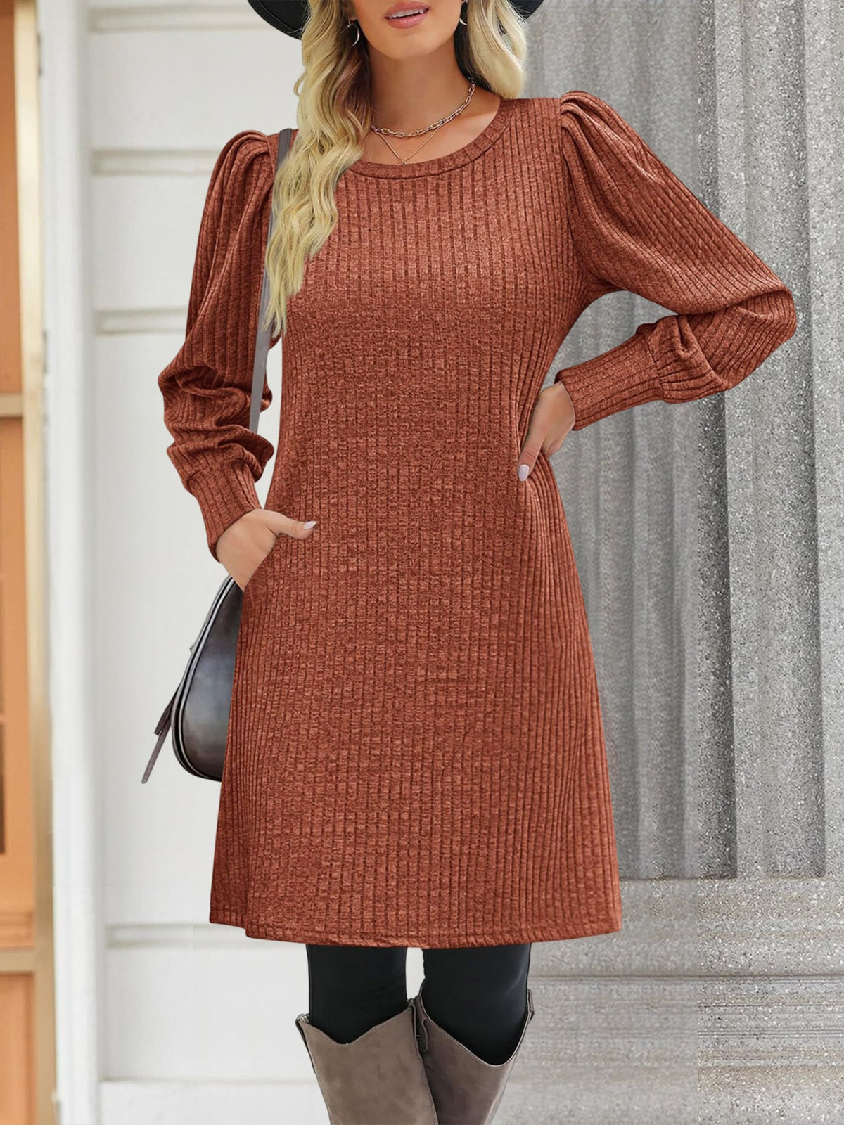 Solid Color Round Neck Puff Sleeve Pockets Midi Dress