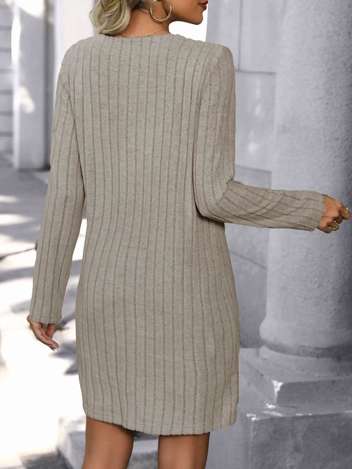 Solid Color V Neck Buttoned Long Sleeves Mini Dress