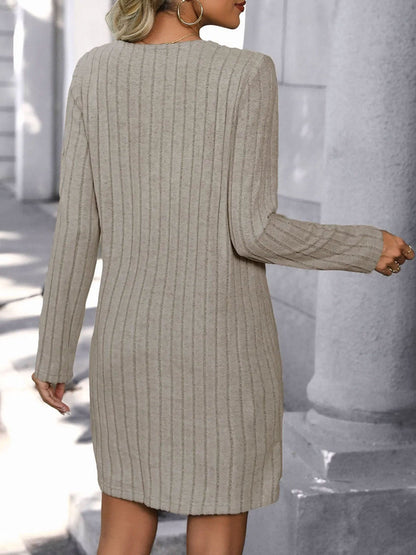 Solid Color V Neck Buttoned Long Sleeves Mini Dress