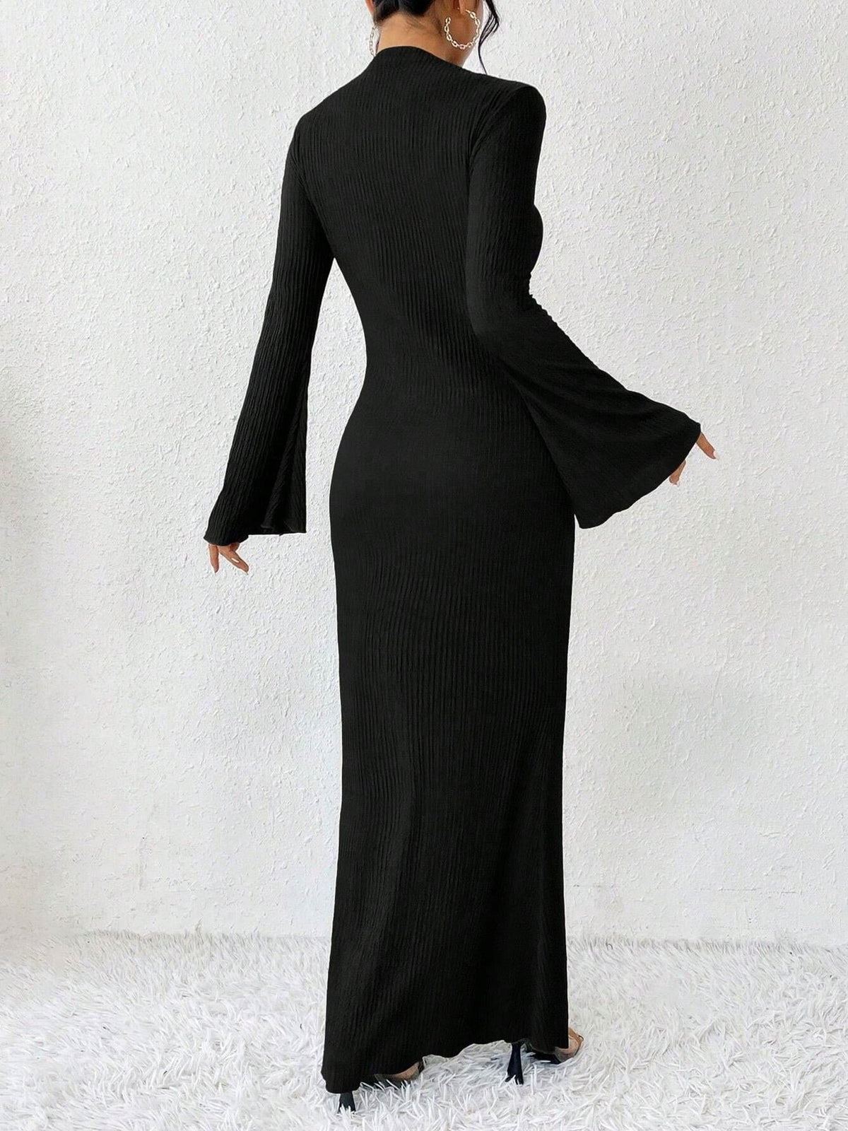 Boat Neck Trumpet Long Sleeve Textured Maxi Dress