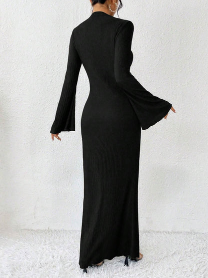 Boat Neck Trumpet Long Sleeve Textured Maxi Dress
