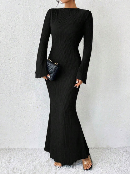 Boat Neck Trumpet Long Sleeve Textured Maxi Dress