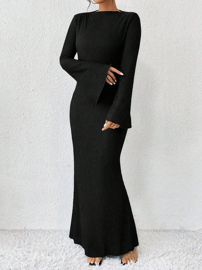 Boat Neck Trumpet Long Sleeve Textured Maxi Dress