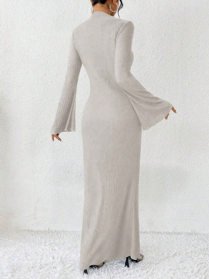 Boat Neck Trumpet Long Sleeve Textured Maxi Dress