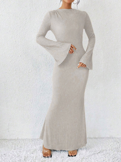Boat Neck Trumpet Long Sleeve Textured Maxi Dress