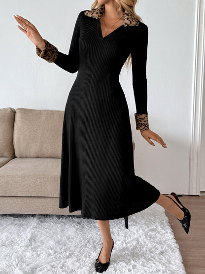 Faux Fur Leopard Patchwork Textured Midi Dress