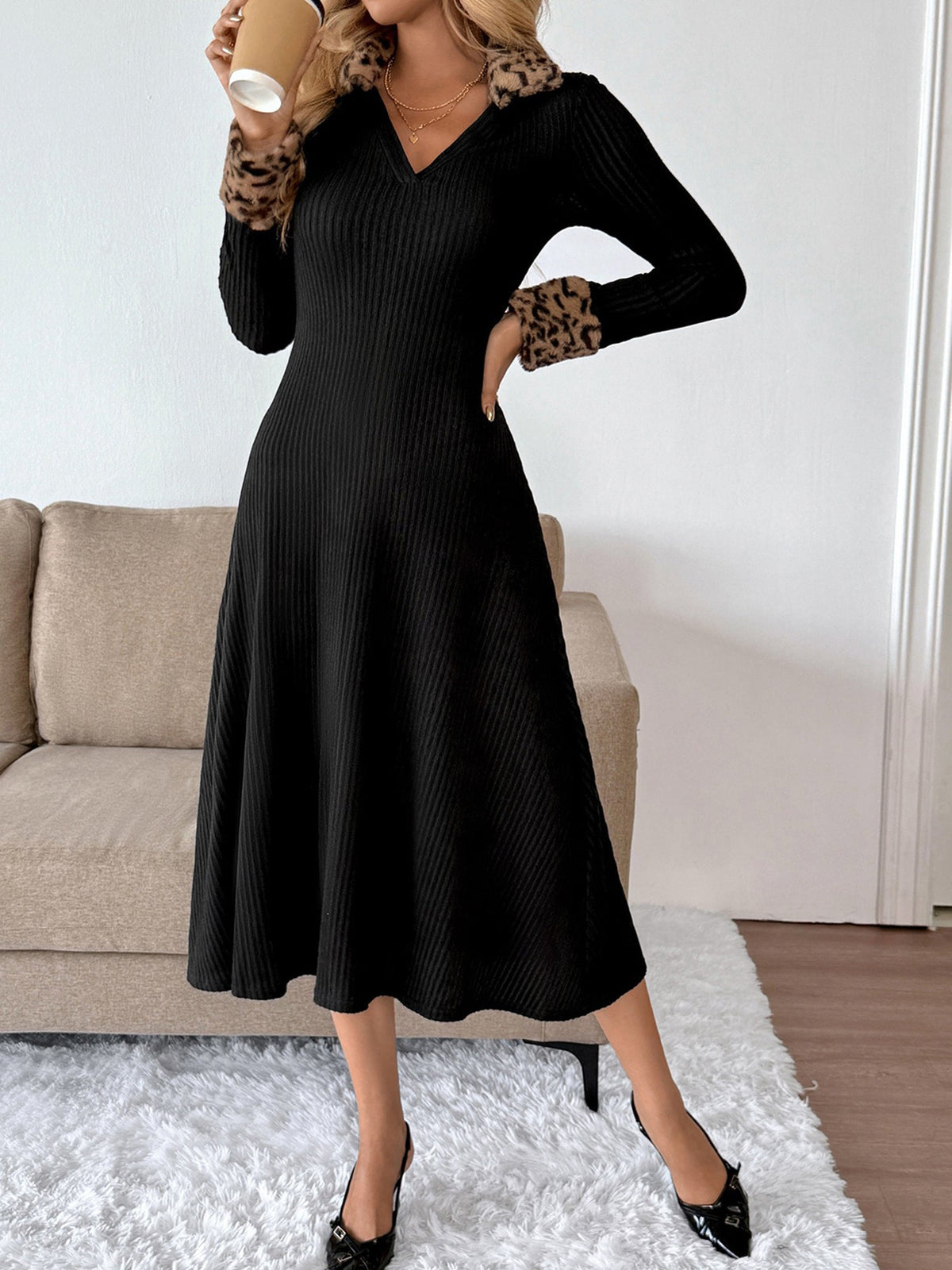 Faux Fur Leopard Patchwork Textured Midi Dress