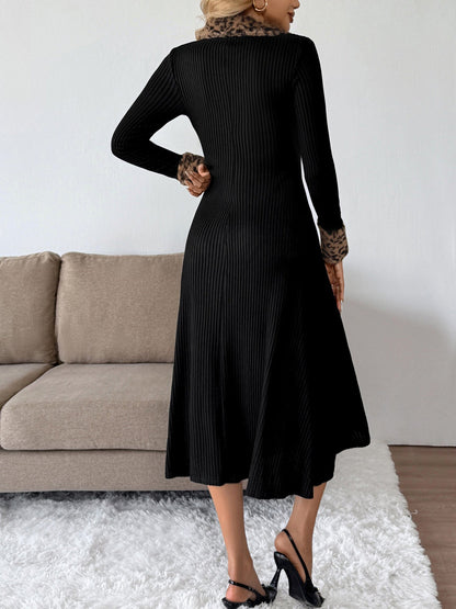 Faux Fur Leopard Patchwork Textured Midi Dress