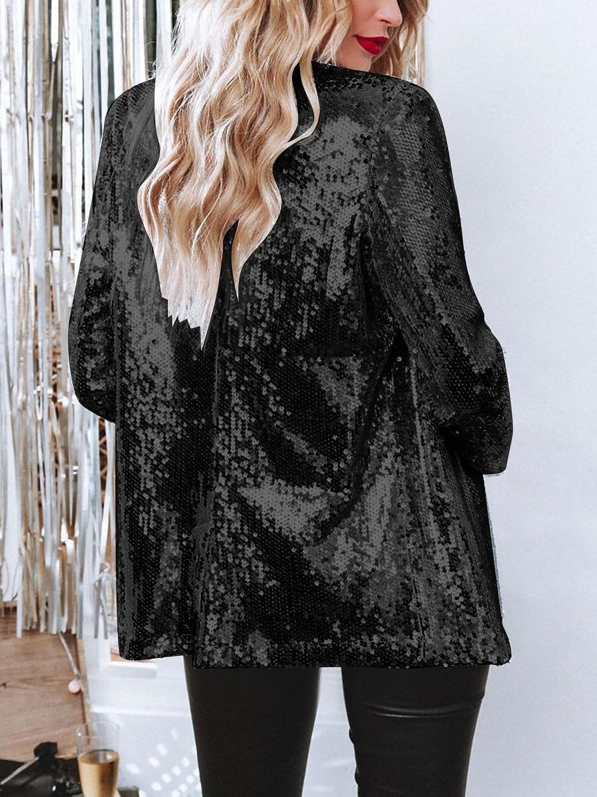 Notched Lapel Long Sleeves Sequin Open Front Jacket