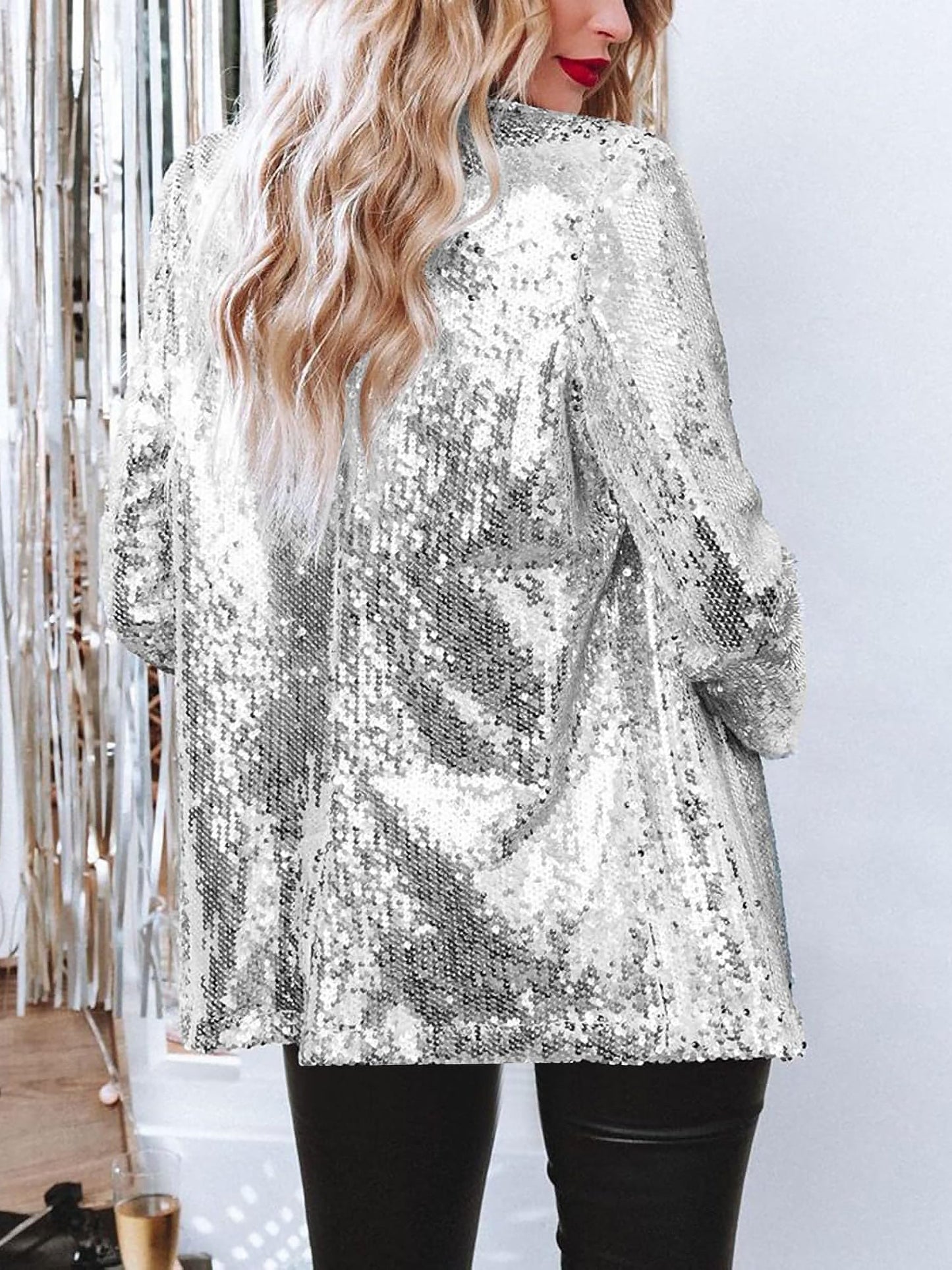 Notched Lapel Long Sleeves Sequin Open Front Jacket