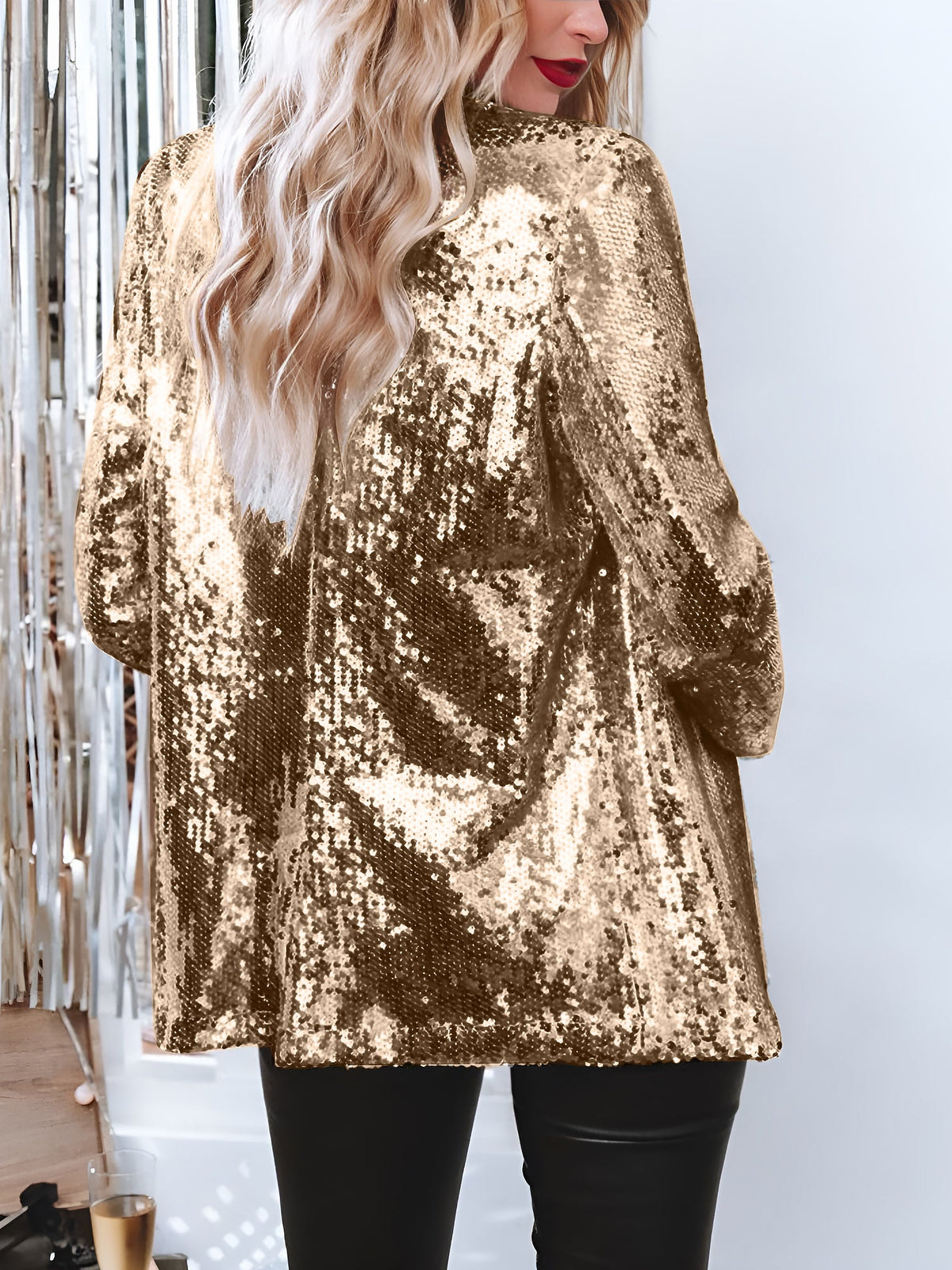Notched Lapel Long Sleeves Sequin Open Front Jacket