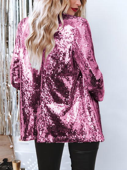Notched Lapel Long Sleeves Sequin Open Front Jacket