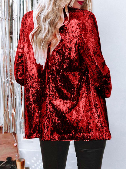 Notched Lapel Long Sleeves Sequin Open Front Jacket