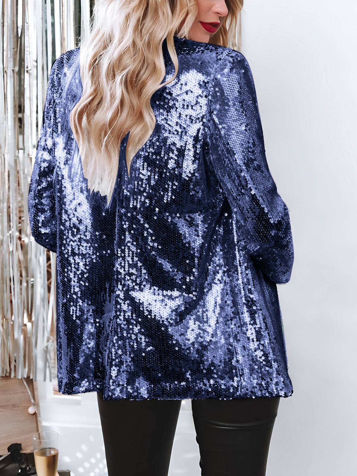 Notched Lapel Long Sleeves Sequin Open Front Jacket