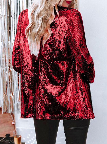 Notched Lapel Long Sleeves Sequin Open Front Jacket