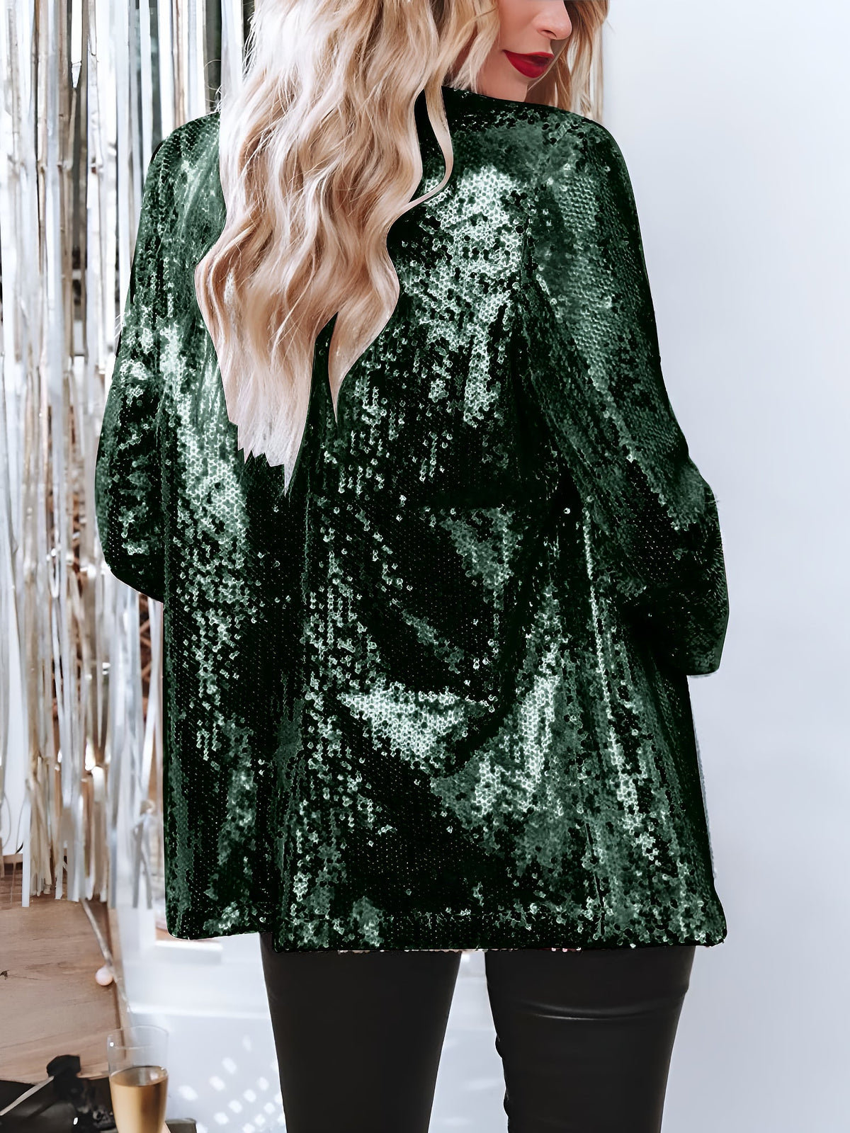 Notched Lapel Long Sleeves Sequin Open Front Jacket
