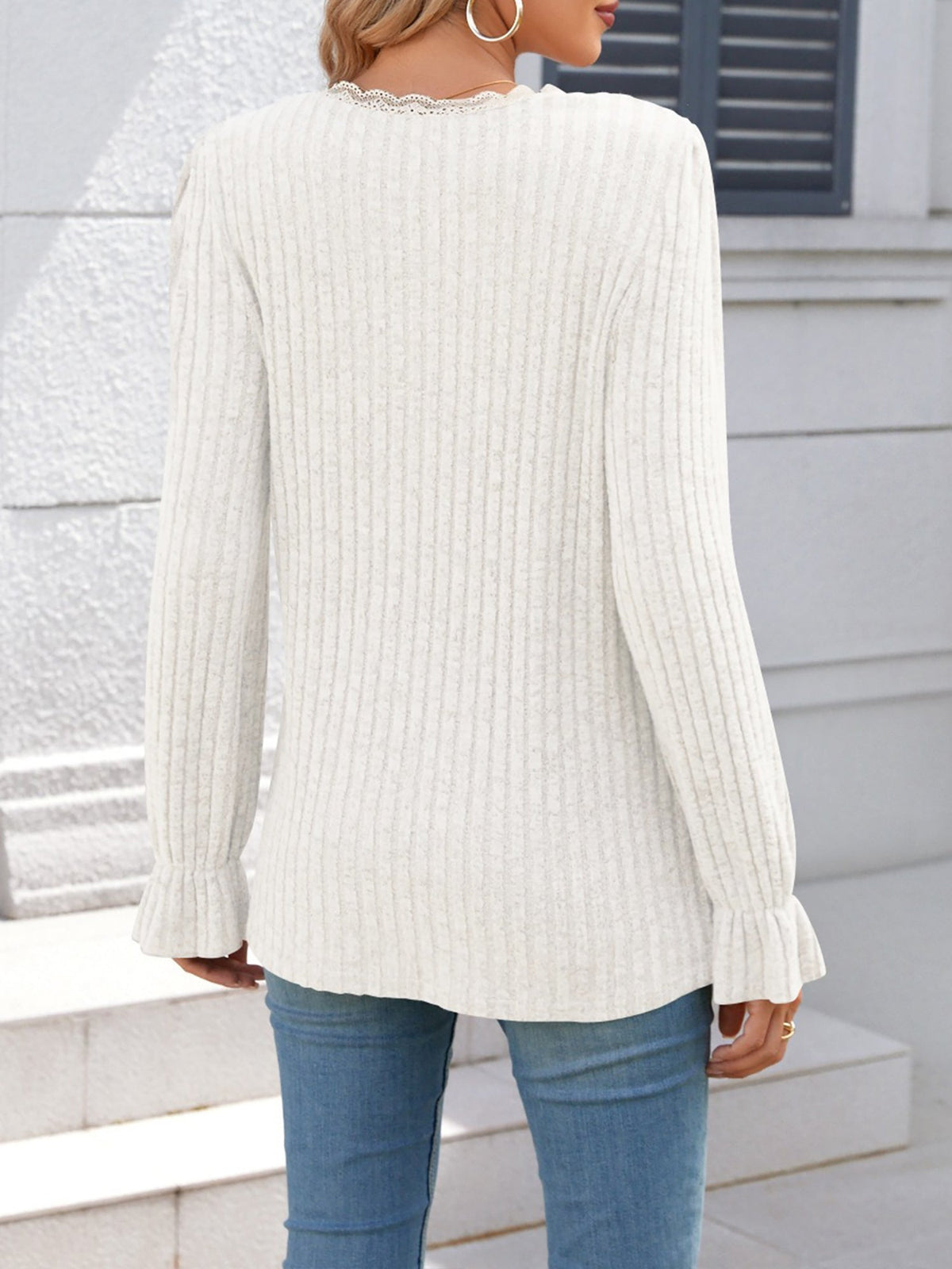 Solid Color V Neck Lace Trim Long Sleeves Blouse