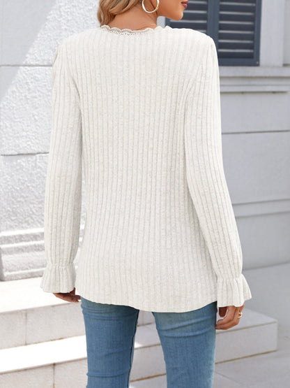 Solid Color V Neck Lace Trim Long Sleeves Blouse
