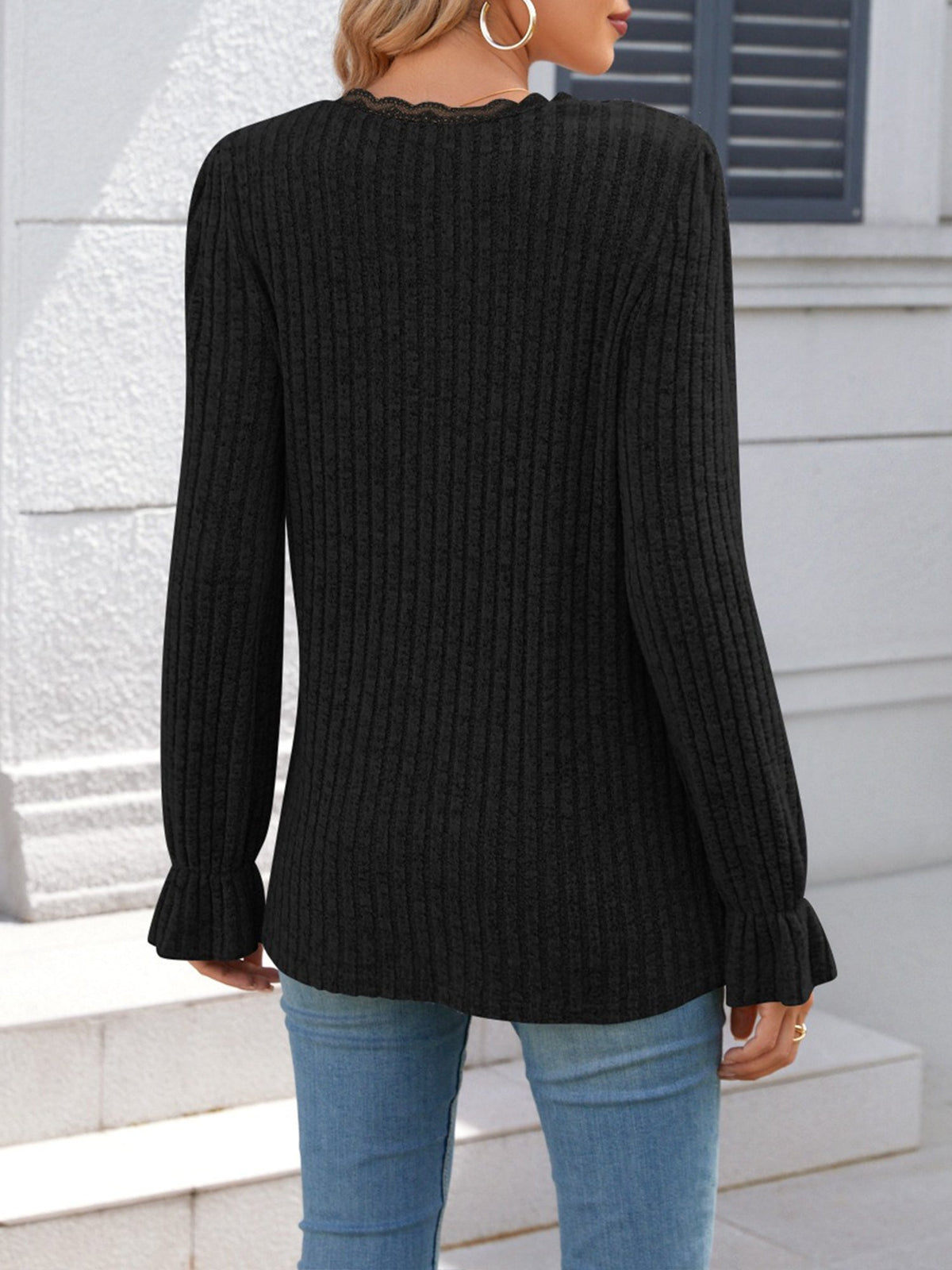 Solid Color V Neck Lace Trim Long Sleeves Blouse