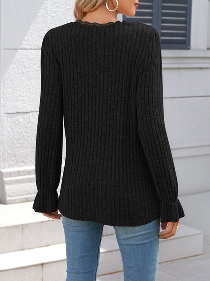 Solid Color V Neck Lace Trim Long Sleeves Blouse