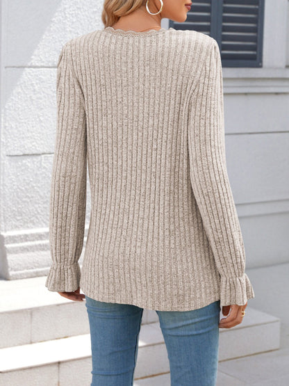 Solid Color V Neck Lace Trim Long Sleeves Blouse