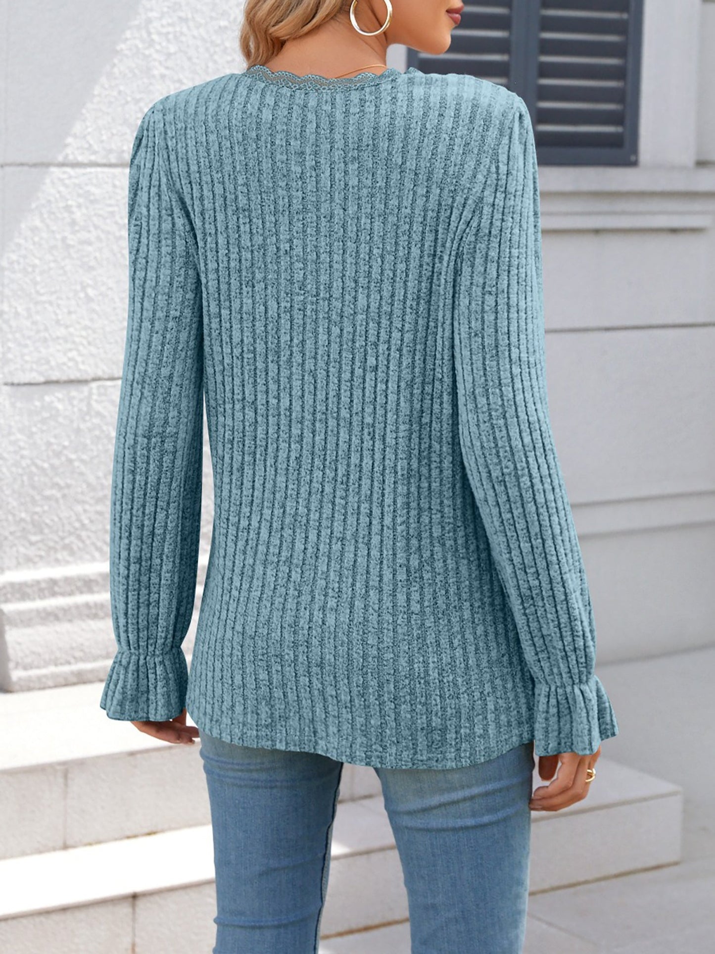 Solid Color V Neck Lace Trim Long Sleeves Blouse