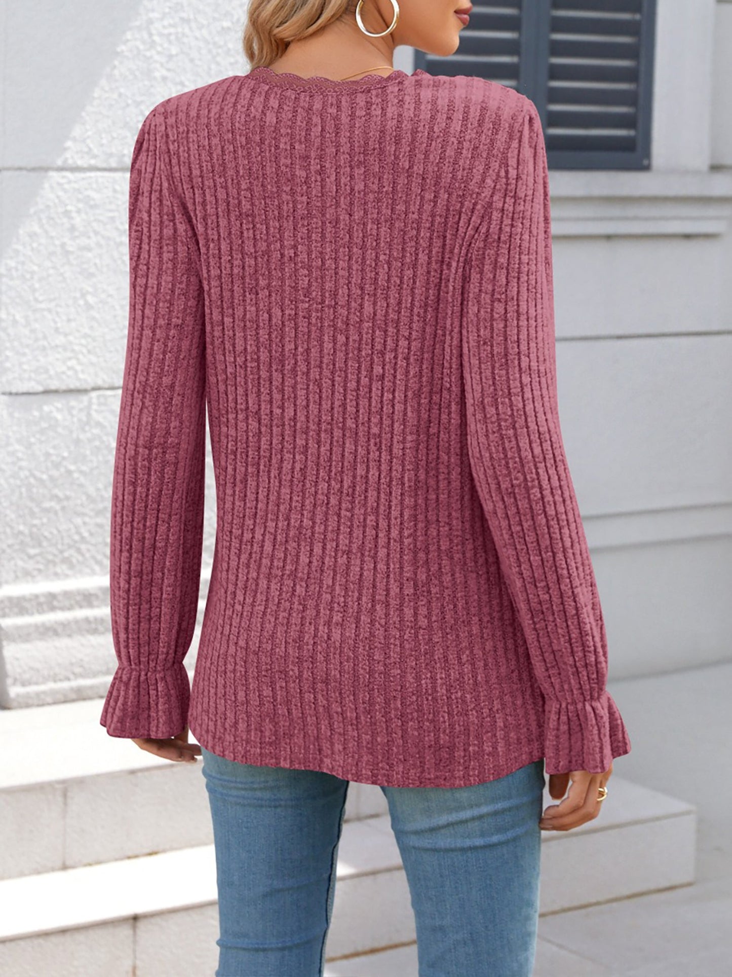 Solid Color V Neck Lace Trim Long Sleeves Blouse