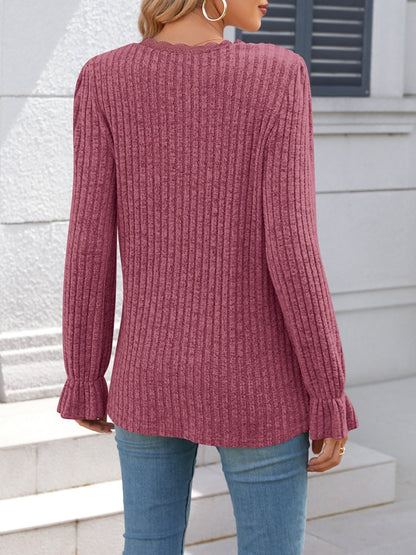 Solid Color V Neck Lace Trim Long Sleeves Blouse