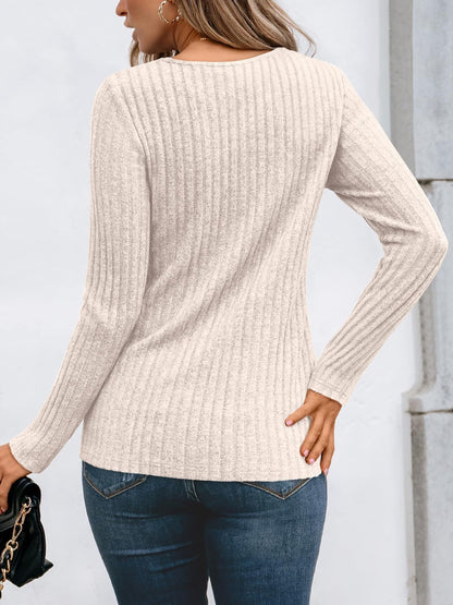 Round Neck Long Sleeves Casual Eyelet Blouse