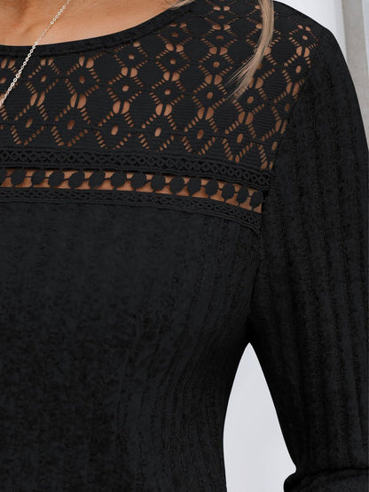 Round Neck Long Sleeves Casual Eyelet Blouse