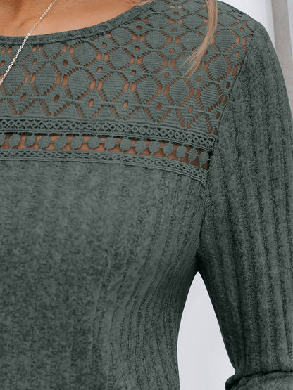 Round Neck Long Sleeves Casual Eyelet Blouse