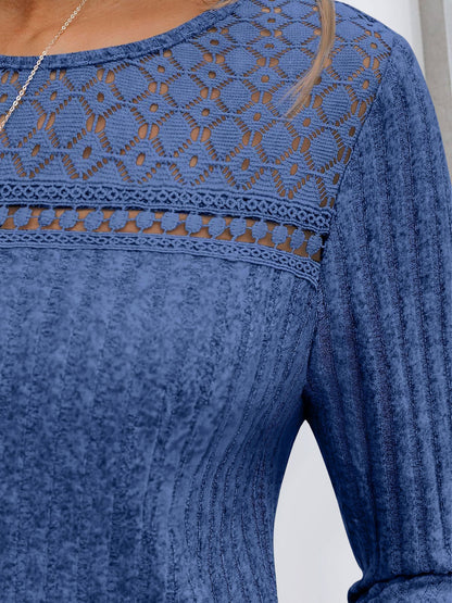 Round Neck Long Sleeves Casual Eyelet Blouse