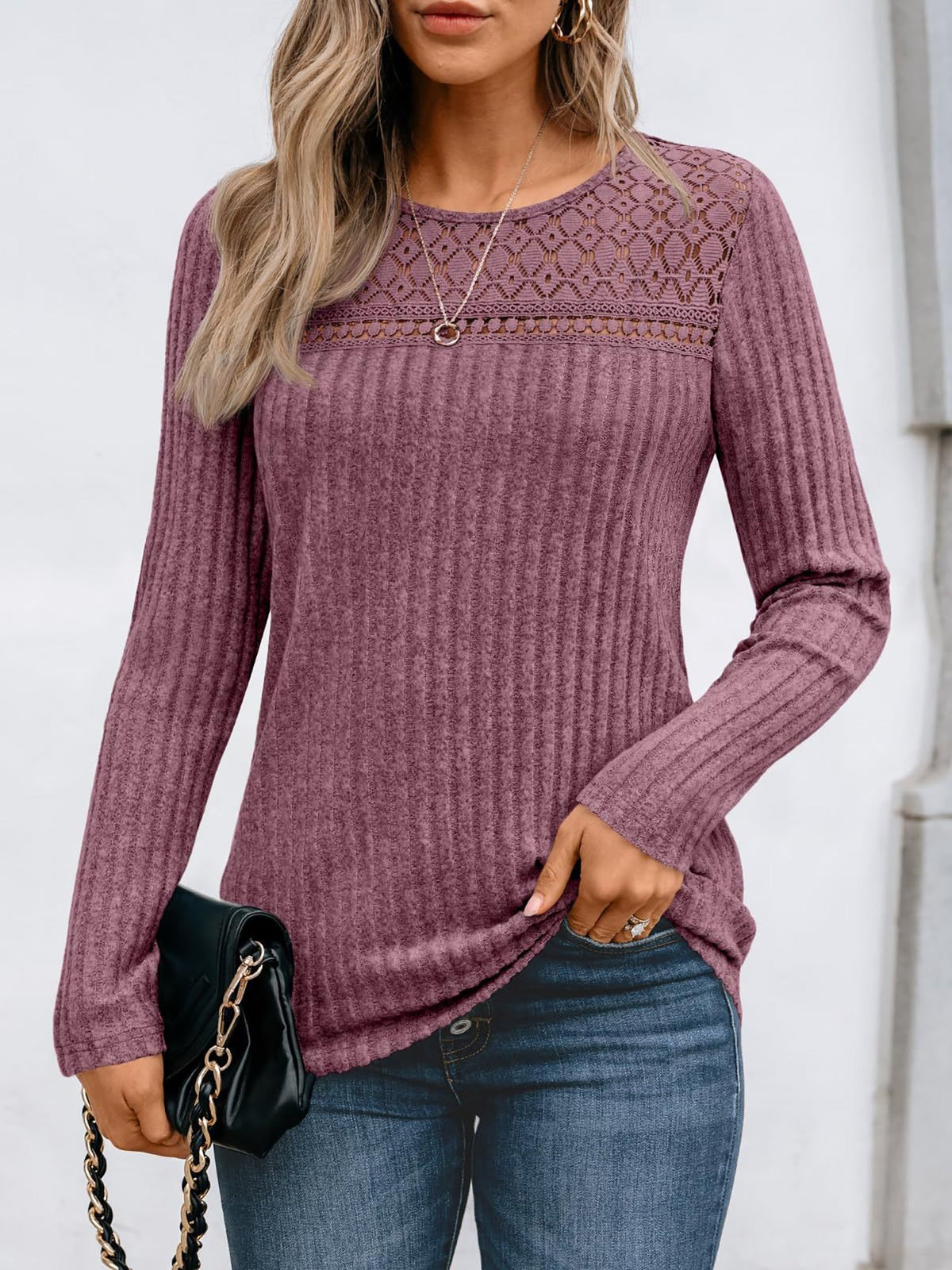 Round Neck Long Sleeves Casual Eyelet Blouse